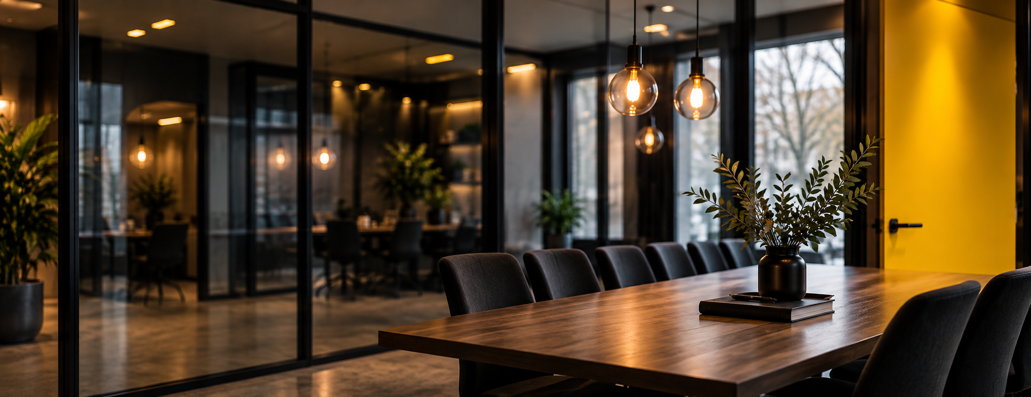 Lange vergadertafel in een moderne werkomgeving