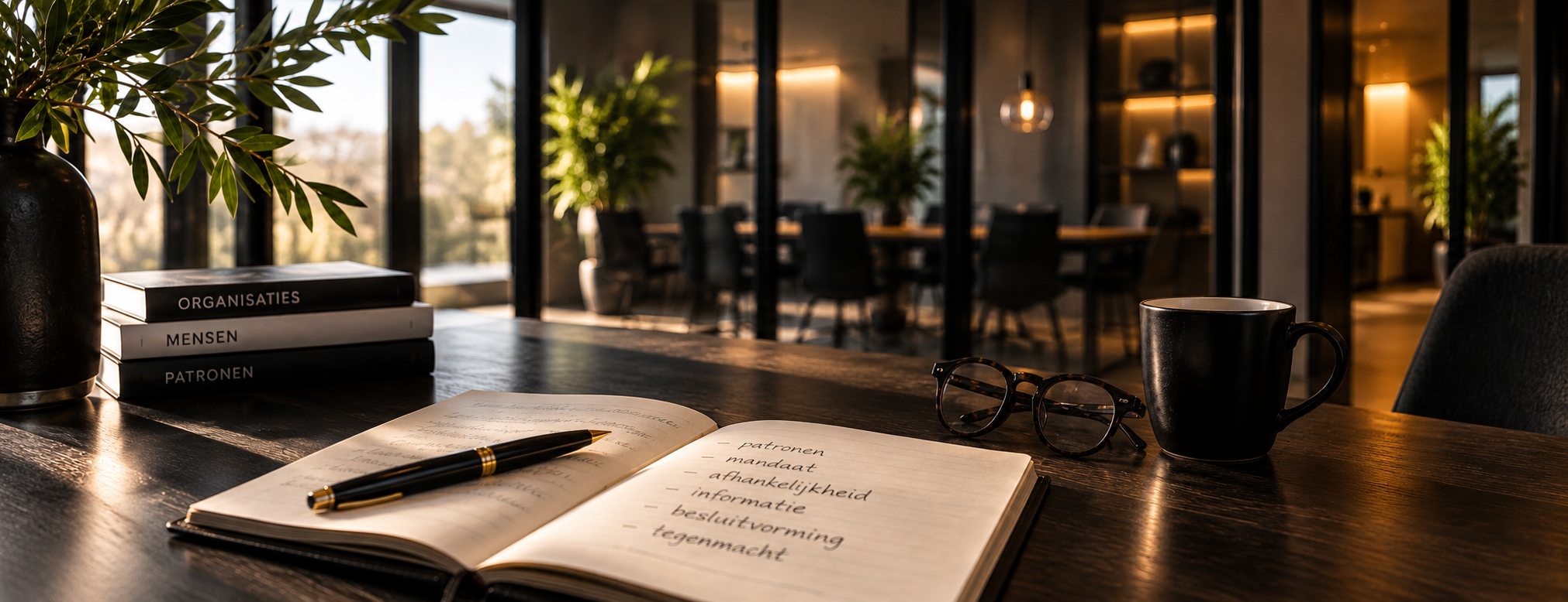 Werktafel voor preventieve organisatieanalyse met notities over rol, mandaat en informatiepositie